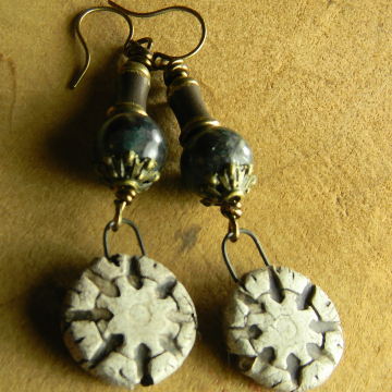 Chrysocolla Earrings, Tribal Jewelry, Artisan Ceramic, Ancient Look, Boho Earrings, White Earrings