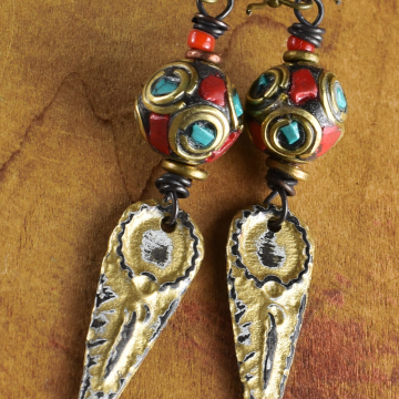 Tribal Earrings, Tibetan Inlay Beads, Artisan Pewter, Turquoise, Coral, Antique White, Brass Earrings