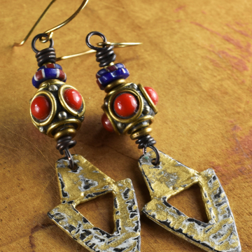 Tibetan Earrings, Coral, Primitive, Aja, Red, Blue, White, Dangle, Tribal Jewelry