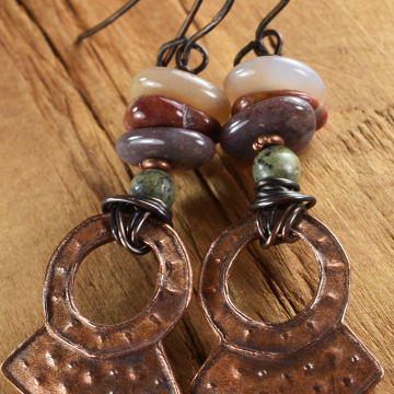 Copper Metal Clay Ocean Jasper Boho Southwestern Earrings: Rustic Mauve Wine Maroon