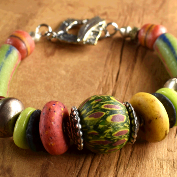 African Beaded Jatim Bracelet, Trade Beads, Green, Red, Black, Recycled Glass, Silver, Bronze, Krobo, Tribal Jewelry