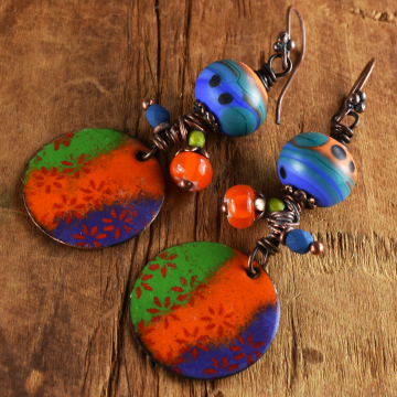 Bold Colorful Earrings, Lampwork Glass, Copper Enamel, Orange, Green, Purple, Blue, Tribal Jewelry
