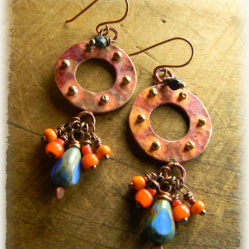 Copper Earrings, Tribal, Boho, Hoops, Orange, Beaded, Handmade Jewelry