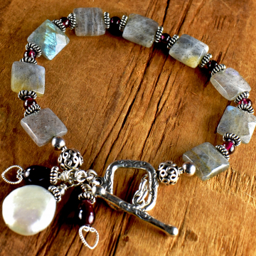Faceted Labradorite Bracelet, Sterling Silver, Garnet, Pearl, Gray, White, Boho Tribal Jewelry