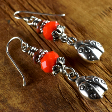 Ladybug Earrings, Beaded Jewelry, Bright Red, Czech Glass, Pewter, Silver