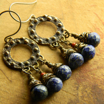Knobby Hoop Earrings, Handmade, Saki Bronze, Lapis Lazuli, Rustic,Tribal Jewelry