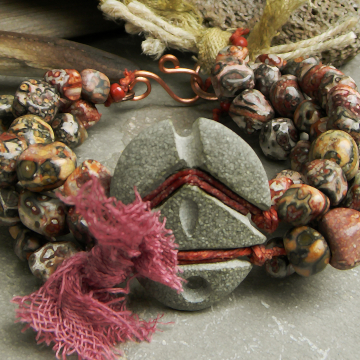 Leopardskin Jasper Bracelet Tribal Copper Red Fiber Accented Handmade Beaded Jewelry
