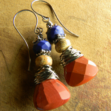 Tribal Earrings Red Jasper Silver Lapis Lazuli Beaded Jewelry