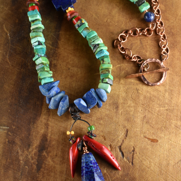 Lapis Lazuli Pendant, Beaded Necklace, Turquoise, Red Coral, African Trade Beads, Tribal Jewelry