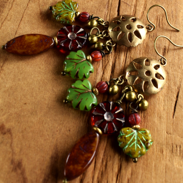 Autumn Leaves Chandelier Earrings, Green, Red, Ochre, Handmade, Boho Tribal Jewelry