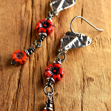 Long Flower Dangle Earrings, Red, Pewter, Czech Glass, Bohemian, Boho Tribal Jewelry