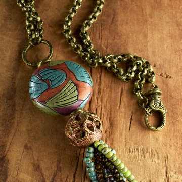 Boho Tassel Pendant Necklace, Leaf Pattern, Blue, Green, African Brass, Boho Necklace