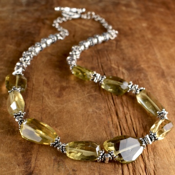 Lemon Quartz Choker Necklace, Pale Yellow, Sterling Silver, Faceted Nuggets, Boho Tribal Jewelry