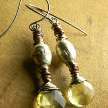 Lemon Topaz Teardrop Earrings, Pale Yellow, Ethiopian Silver, Copper, Boho Tribal Jewelry