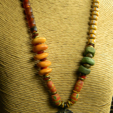 African Brass Pendant Necklace, Lizard Pendant, Tribal Necklace, Red Krobo, Green Hebron, Beaded Necklace