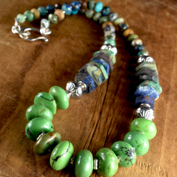 Mojave Green Turquoise Necklace, Natural Turquoise, Sterling Silver, Hill Tribe Silver, Azurite, Southwest Jewelry