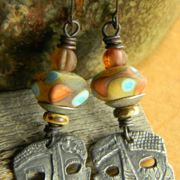 Tribal Mask and Lampwork Earrings