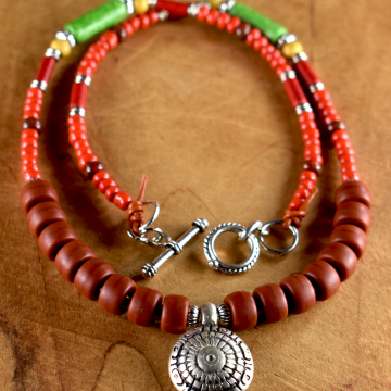Tribal Pendant Necklace, Medallion, Boho Necklace, Terracotta, Red Beaded, Bright Green, Boho Jewelry