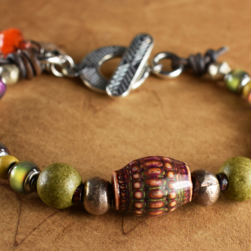 Mood Bead Bracelet, Mykonos Ceramic Beads, African Silver, Olive Green, Orange Yellow, Tribal Jewelry