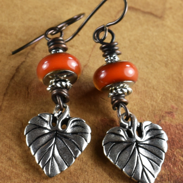 Mood Bead Dangle Earrings, Pewter Leaf, Flirty, In the Mood, Hippie Earrings, Beaded Tribal Jewelry