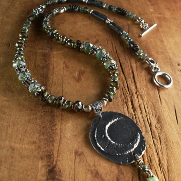 Boho Moon Pendant Beaded Necklace, Celestial, Pewter, Green, Blue, Vive la Bohème Jewelry