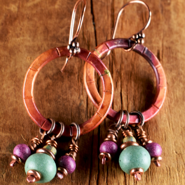 Copper Hoop Earrings, Mykonos Ceramic, Fuchsia, Orange, Boho Tribal Jewelry