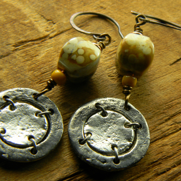 Ocean Jasper Tribal Earrings Yellow Rustic Pewter Handmade Bohemian Jewelry