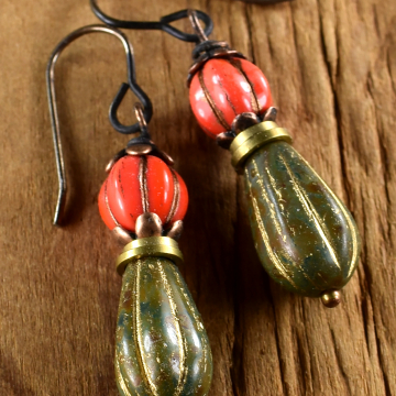 Boho Drop Earrings, Aged Czech Glass, Olive Green, Coral Red, Antiqued Brass, Boho Tribal Jewelry