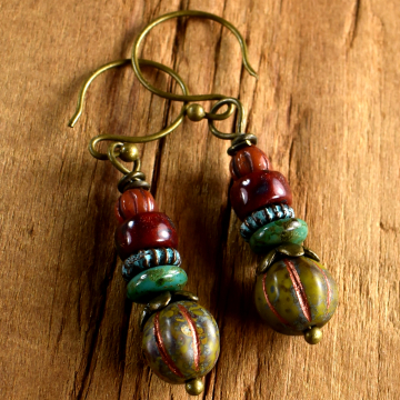 Olivine Drop Earrings, Czech Glass, Melon, Brass, Bohemian, Turquoise, Red, Yellow, Boho Earrings