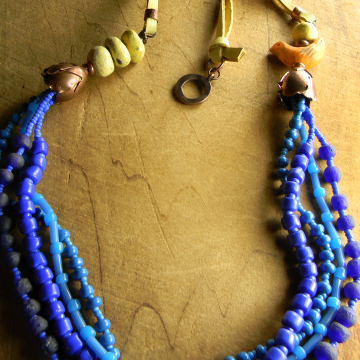 Bird Multi Necklace, Tribal, Orange, Blue, African Trade Beads