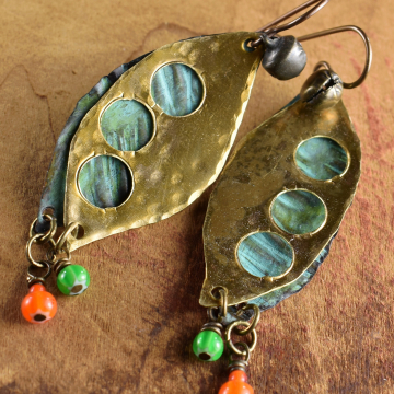 Pea Pod Tribal Earrings, Hammered Brass, White Heart Beads, Orange, Green, Verdigris Patina