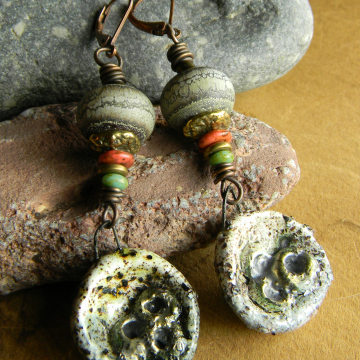 Ceramic Moon Earrings, Boho Jewelry, Artisan, White, Neutral, Bronze, Tribal Jewelry