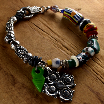 African 2 Strand Beaded Bracelet, Talhakimt, Krobo, Asymmetrical, Pewter, Recycled Glass, Yellow, Blue, Green, Tribal Jewelry