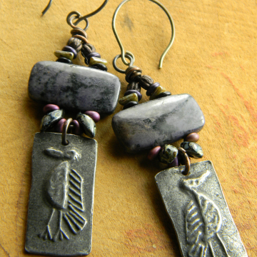 Primitive Bird Earrings, Artisan Pewter, Inviciti Earrings, Purple Dormurtierite, Tribal Jewelry