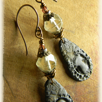 Pewter Earrings, Handmade, Victorian, Rustic, Olive Green, Bohemian, Original Jewelry