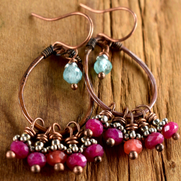 Pink Jade Chandelier Earrings, Copper, Sterling Silver, Orange, Aquamarine, Rustic Jewelry