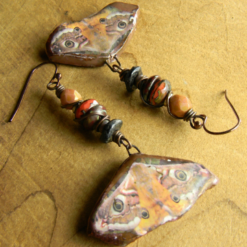 Butterfly Moth Earrings, Pink, Orange, Artisan Ceramic, Boho Beaded Jewelry