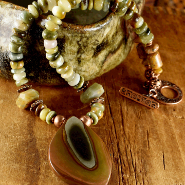 Polychrome Jasper Pendant Necklace, Green, Cat's Eye, Marquise Pendant, Tribal Jewelry
