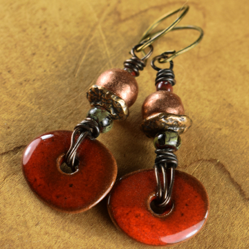 Red Drop Earrings, Mykonos Ceramic, Flake, Copper, Artisan Bronze, Tribal Earrings