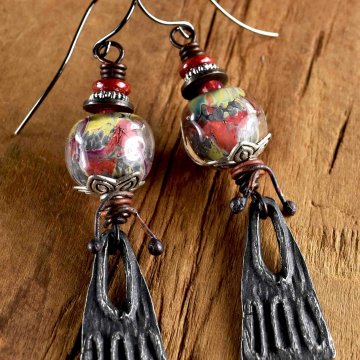Red Lampwork Earrings, Artisan Pewter, Raspberry, Charcoal Gray, Inviciti, Boho Tribal Jewelry