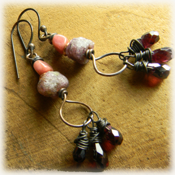 Ruby Garnet Rustic Copper Earrings
