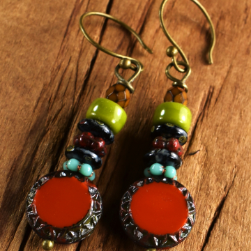 Burnt Orange Drop Earrings, Pumpkin, Olive, Stack, Ochre, Czech Glass, Red, Brass, Boho Style Earrings