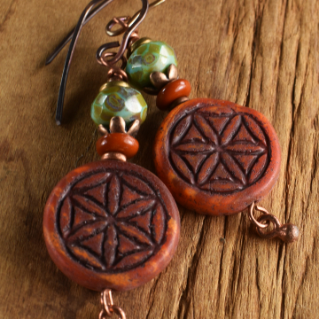 Flower of Life Earrings, Star, Earth Tones, Czech Glass, Bohemian, Rust, Blue, Fall Jewelry
