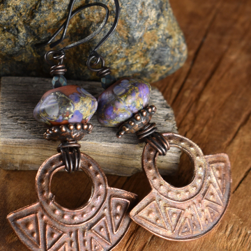 Copper Shield Earrings, Artisan Lampwork, Rust, Lavender, Burnt Orange, Boho, Rustic, Tribal Jewelry