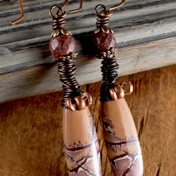 Sonora Jasper Earrings, Matched Stones, Copper Wire Wrapped, Orange, Boho Southwestern Jewelry