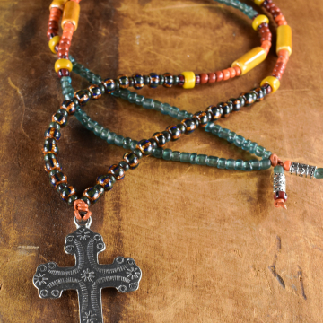 Southwestern Cross Pendant Necklace, Western Jewelry,  Yellow, Blue, Orange, Terracotta, Boho Tribal Jewelry