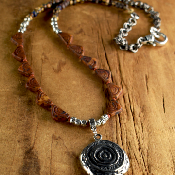 Spiral Pendant Necklace, Pewter, Earth Tones, Autumn Colors. Tribal Jewelry