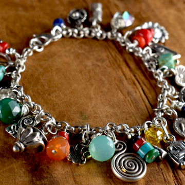 Sterling Silver Charm Bracelet, Boho Southwestern, Turquoise, Carnelian, Coral, Chalcedony, Tribal Jewelry