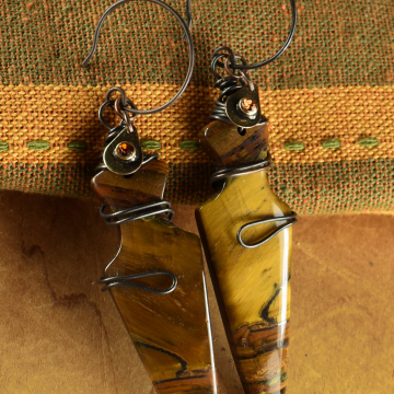 Tribal Tiger Eye Earrings, Matched Stone Earrings, Arrowhead, Dagger, Wire Wrapped, Copper