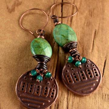 Green Turquoise Green Onyx Rustic Copper Drop Earrings, Southwestern Tribal Jewelry